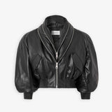 Zipped black leather bomber jacket