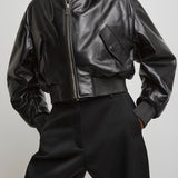 Zipped black leather bomber jacket