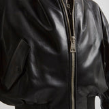 Zipped black leather bomber jacket