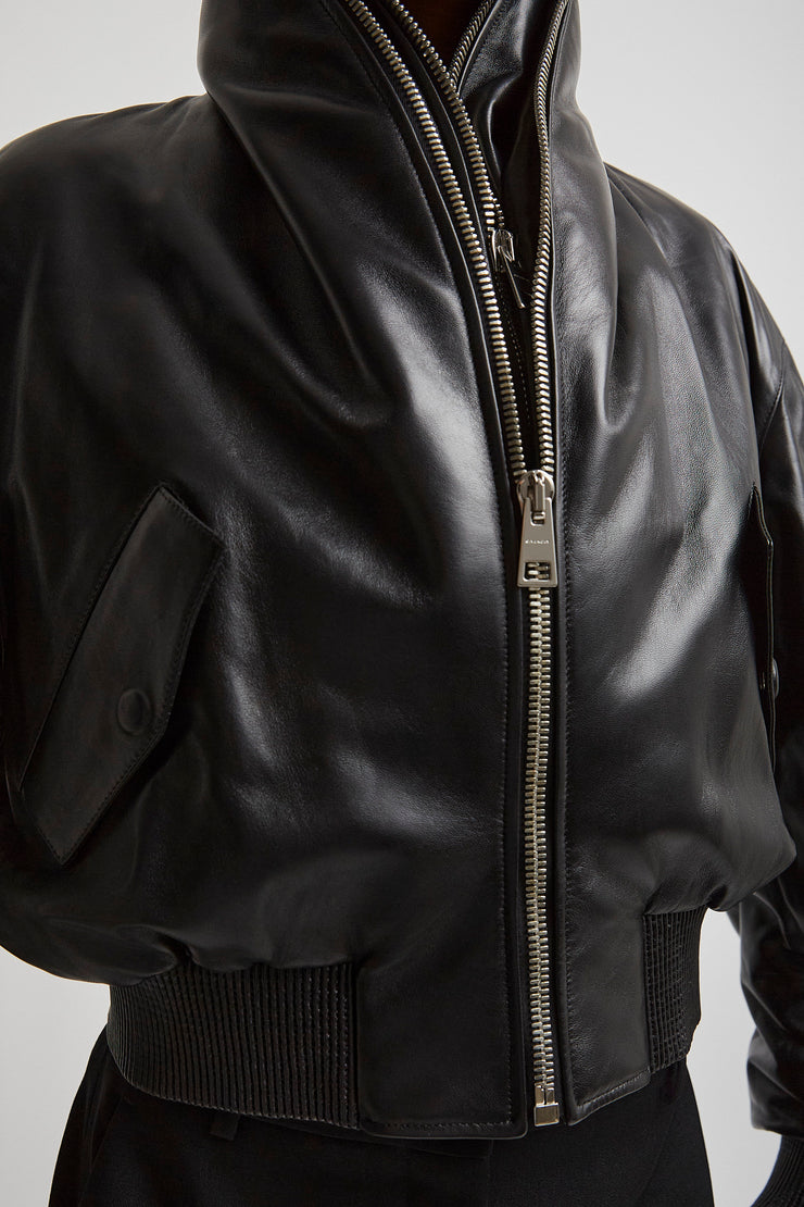 Zipped black leather bomber jacket