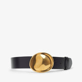 Black belt with a gold buckle on a white background