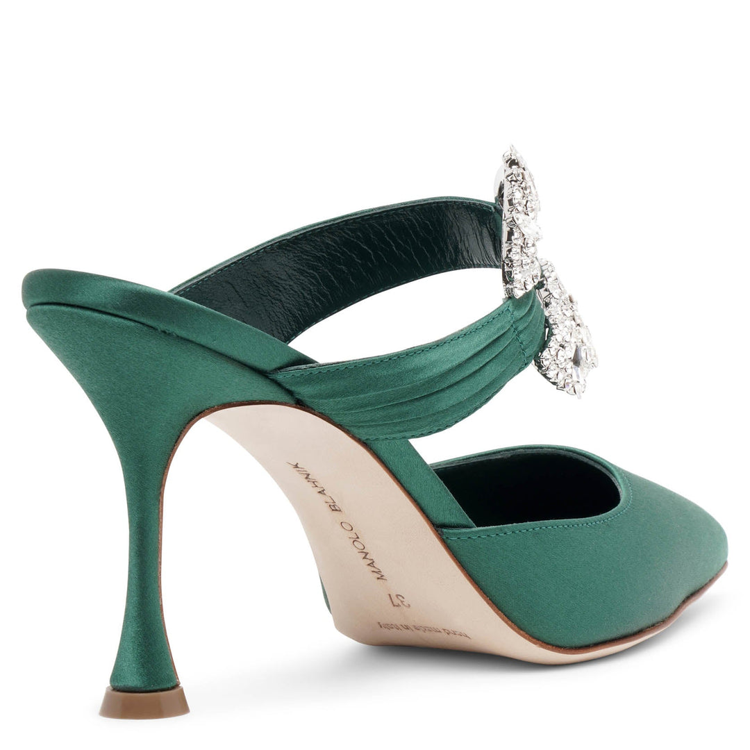 Manolo Blahnik | Maidugura 90 green satin mules | Savannahs