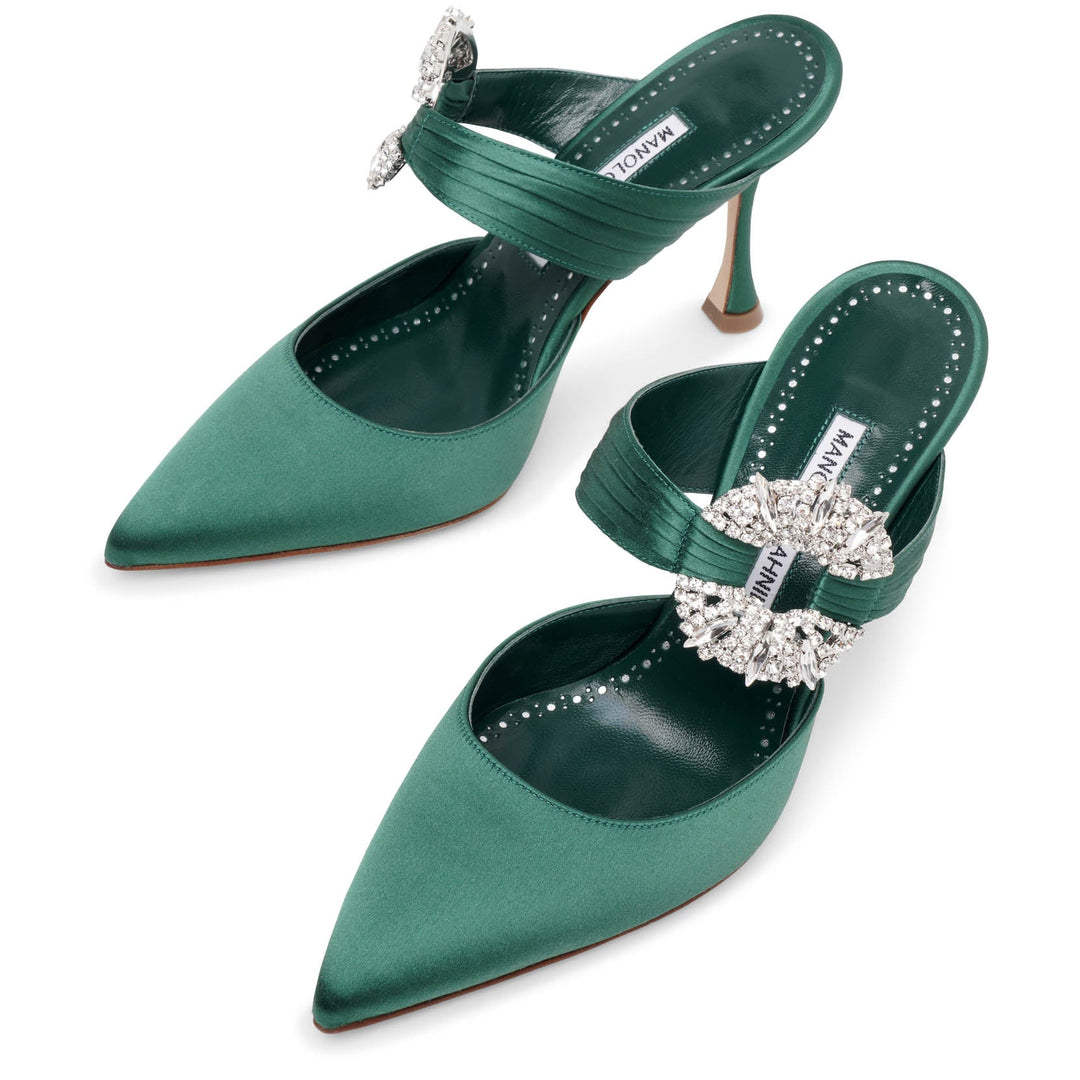 Manolo Blahnik | Maidugura 90 green satin mules | Savannahs