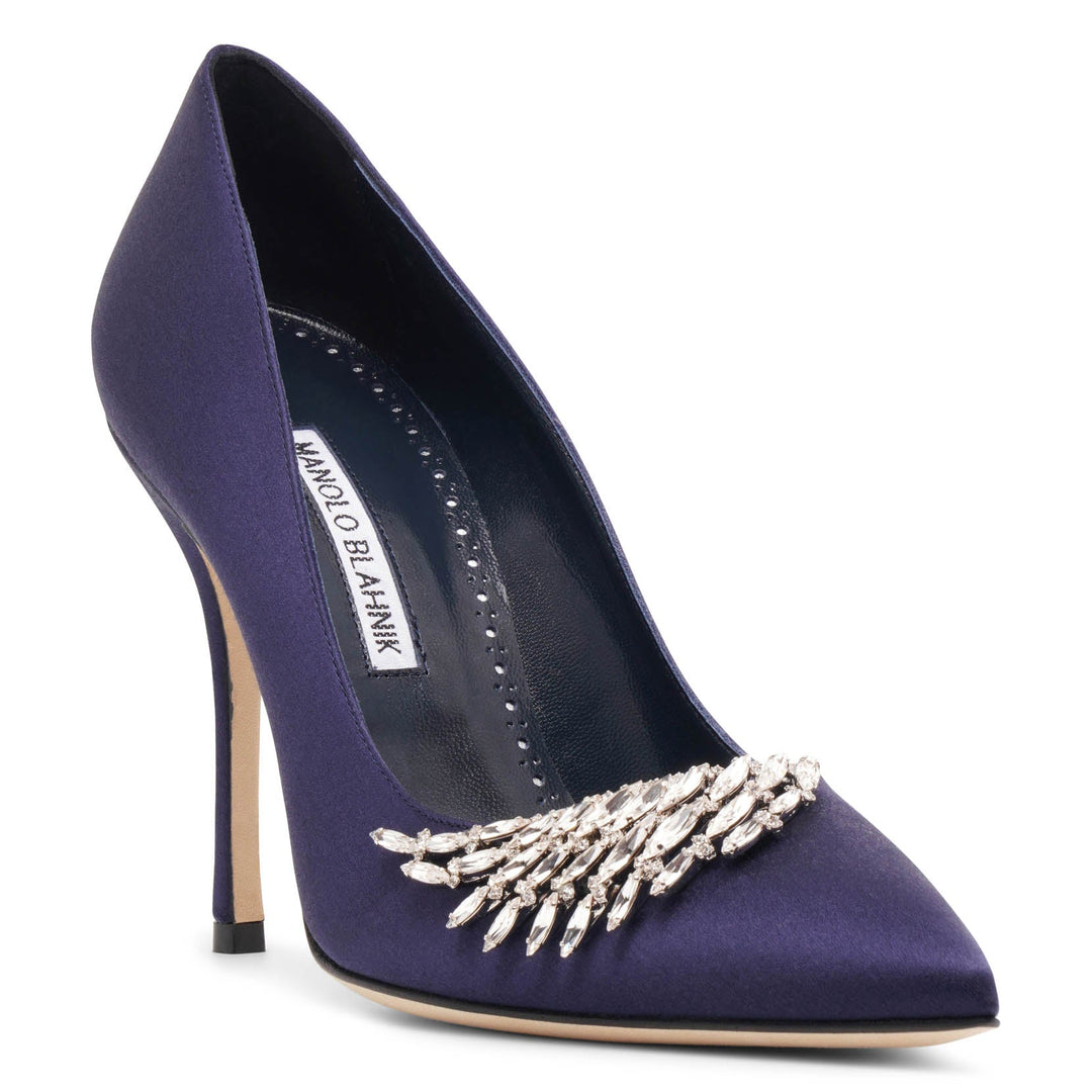 Manolo Blahnik | Pluma 105 navy satin jewelled pumps | Savannahs