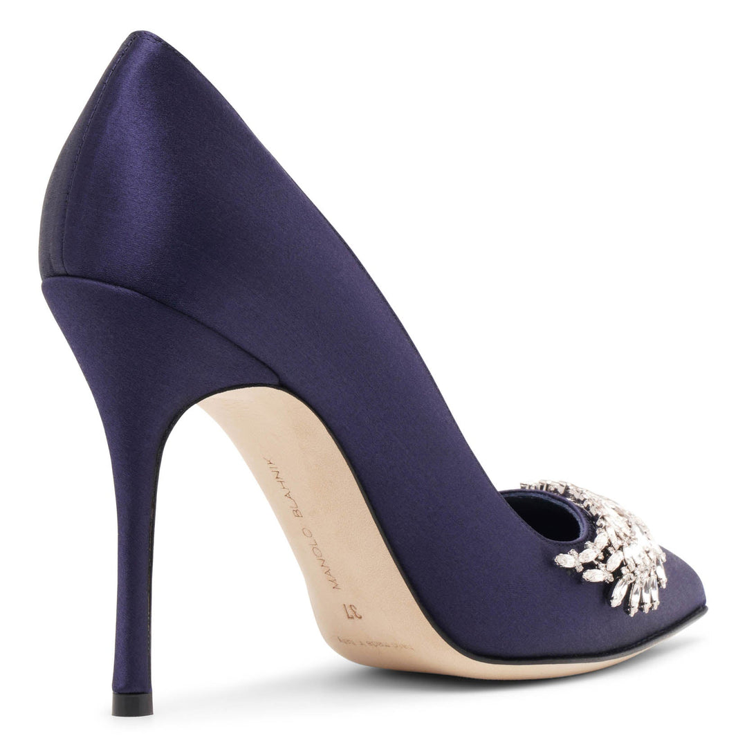 Manolo Blahnik | Pluma 105 navy satin jewelled pumps | Savannahs