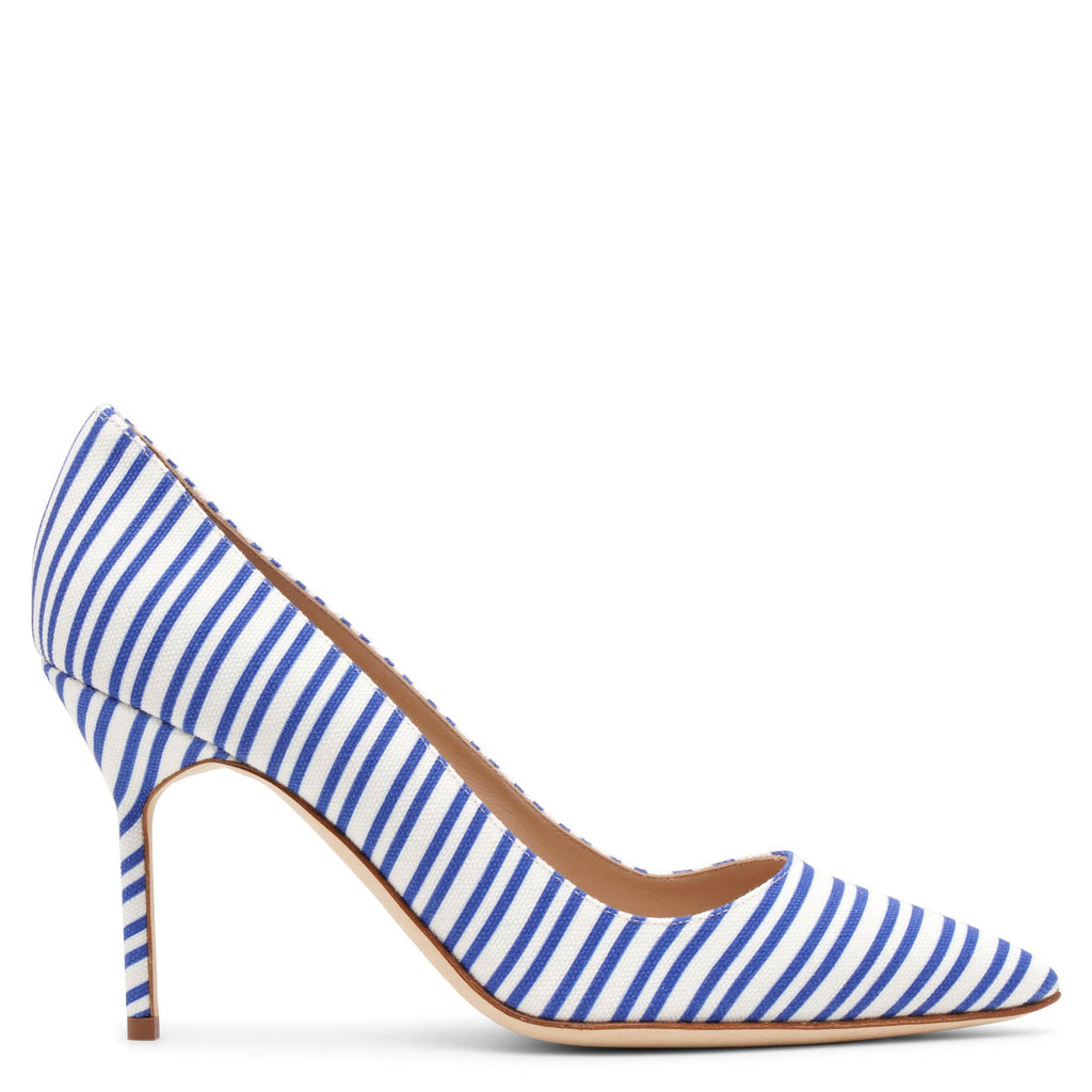 CAMPARINEW, Blue and White Chambray Daisy Pumps