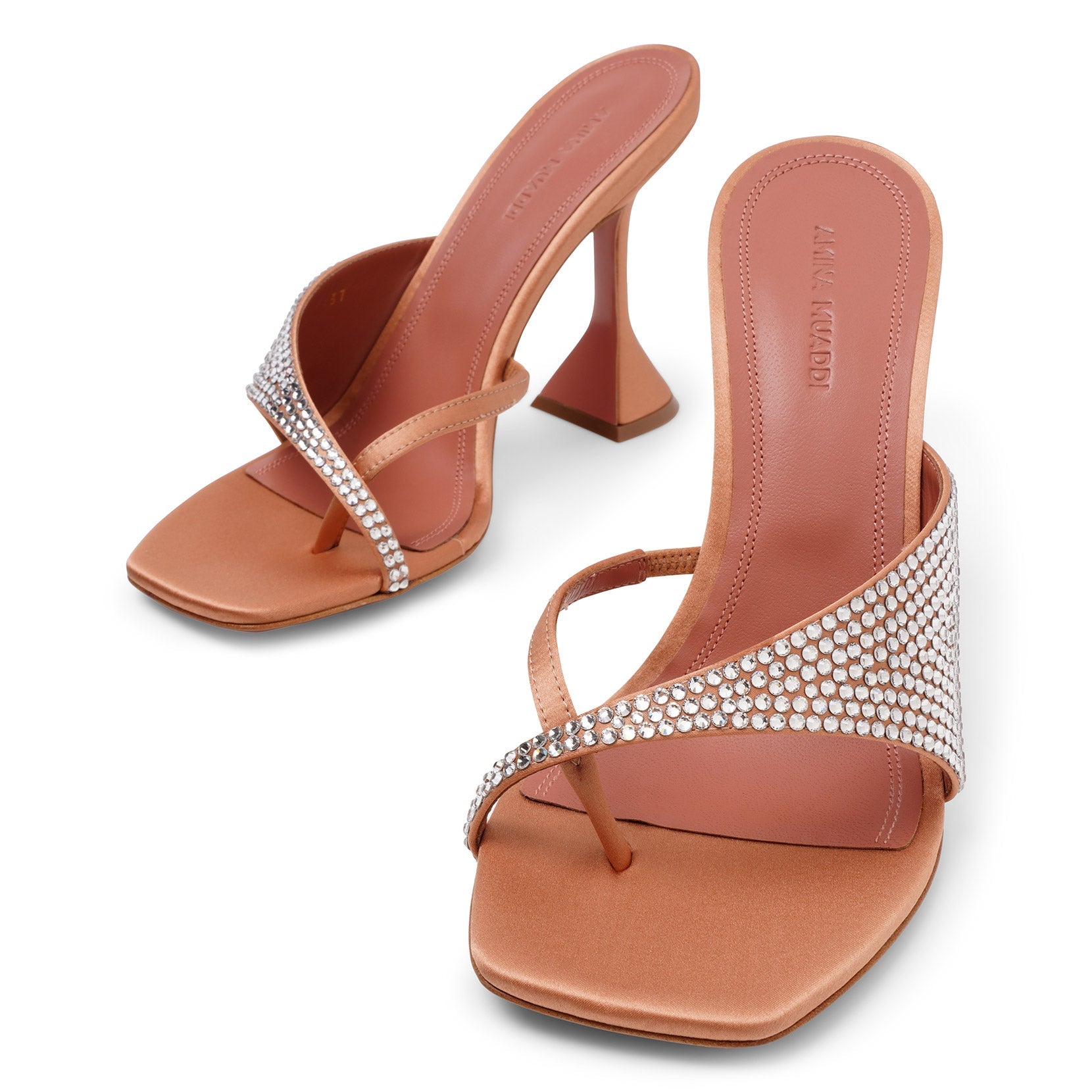 Shop Amina Muaddi Shiona 95 Beige Satin Crystal Mules