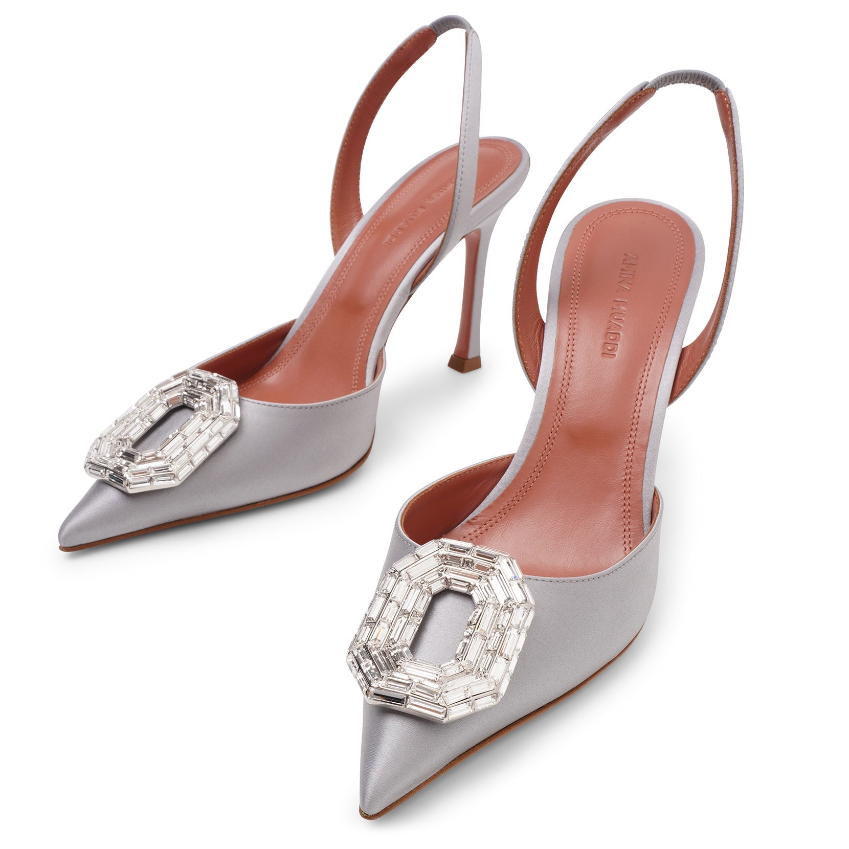 Shop Amina Muaddi Camelia Sling 90 Silver Satin Pumps