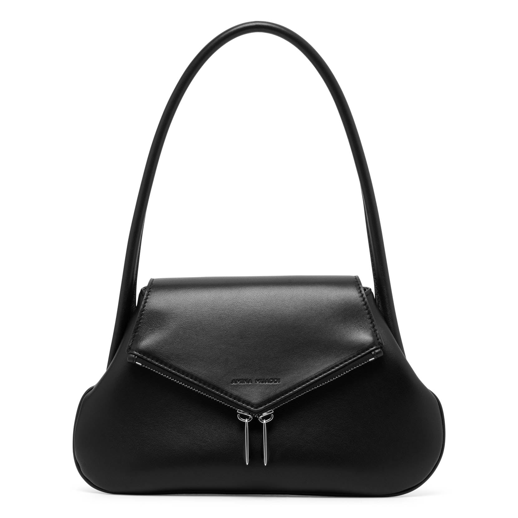 Shop Amina Muaddi Gemini Black Leather Shoulder Bag