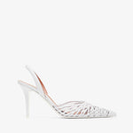 White high-heeled shoe with a lattice design on a white background