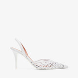 White high-heeled shoe with a lattice design on a white background