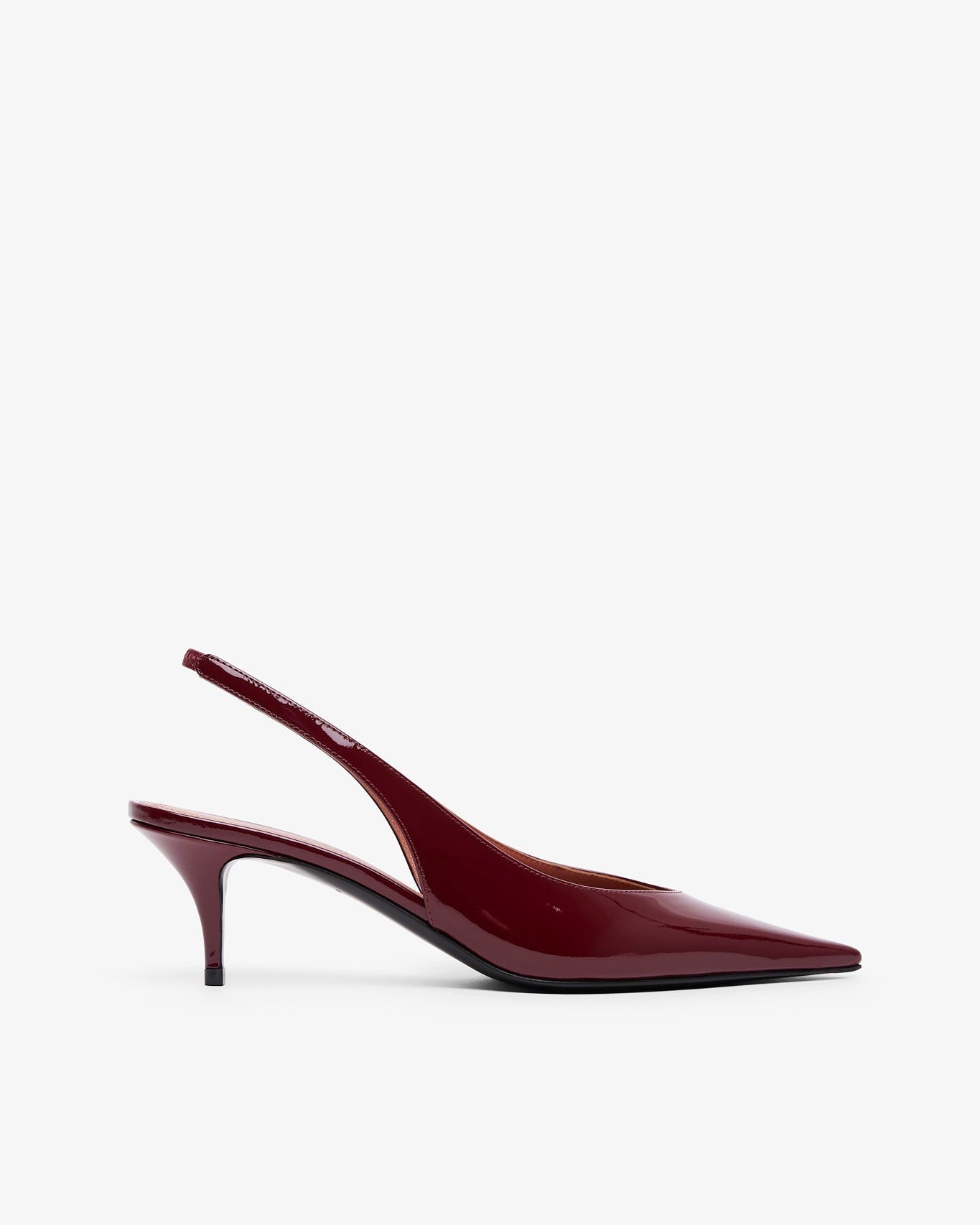 Maroon high-heeled shoe on a white background