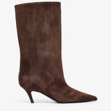 Brown suede knee-high boot on a white background