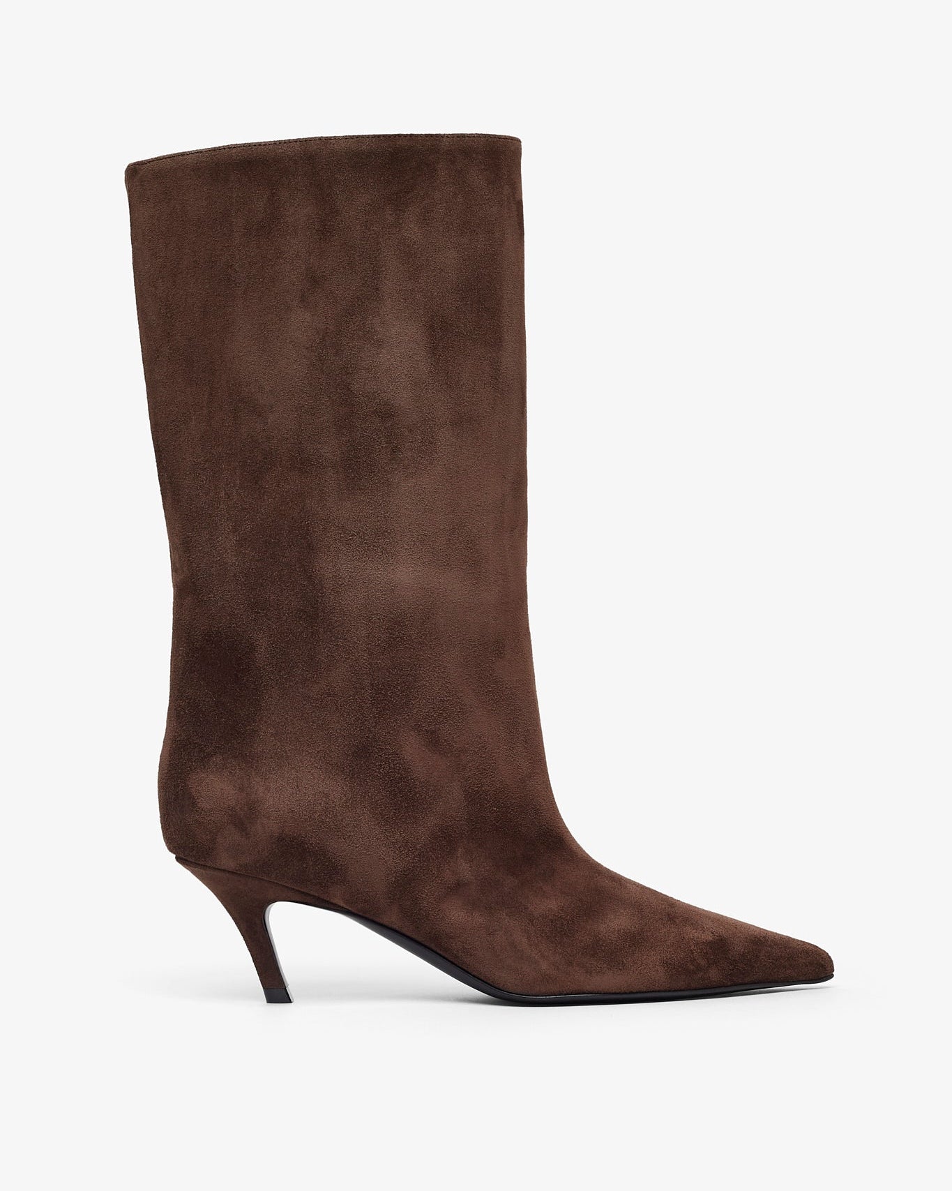 Brown suede knee-high boot on a white background