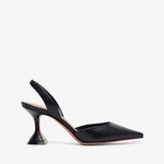 Black high-heeled slingback shoes on a white background