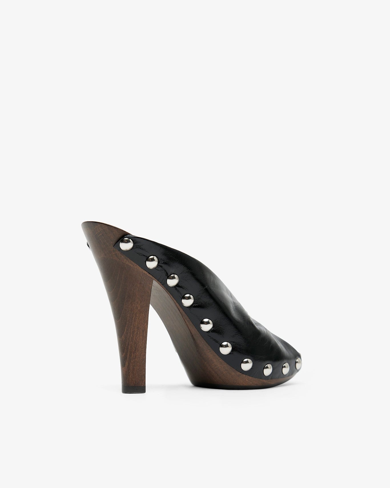 Black high-heeled shoe with studded details on a white background