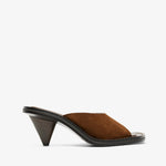Brown sandal with a black heel on a white background