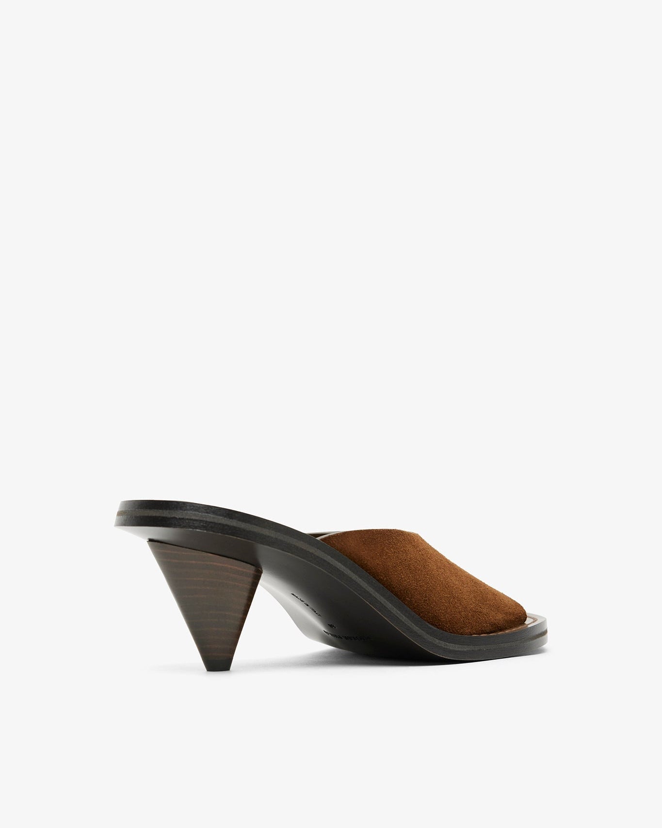 Brown sandal with a black heel on a white background