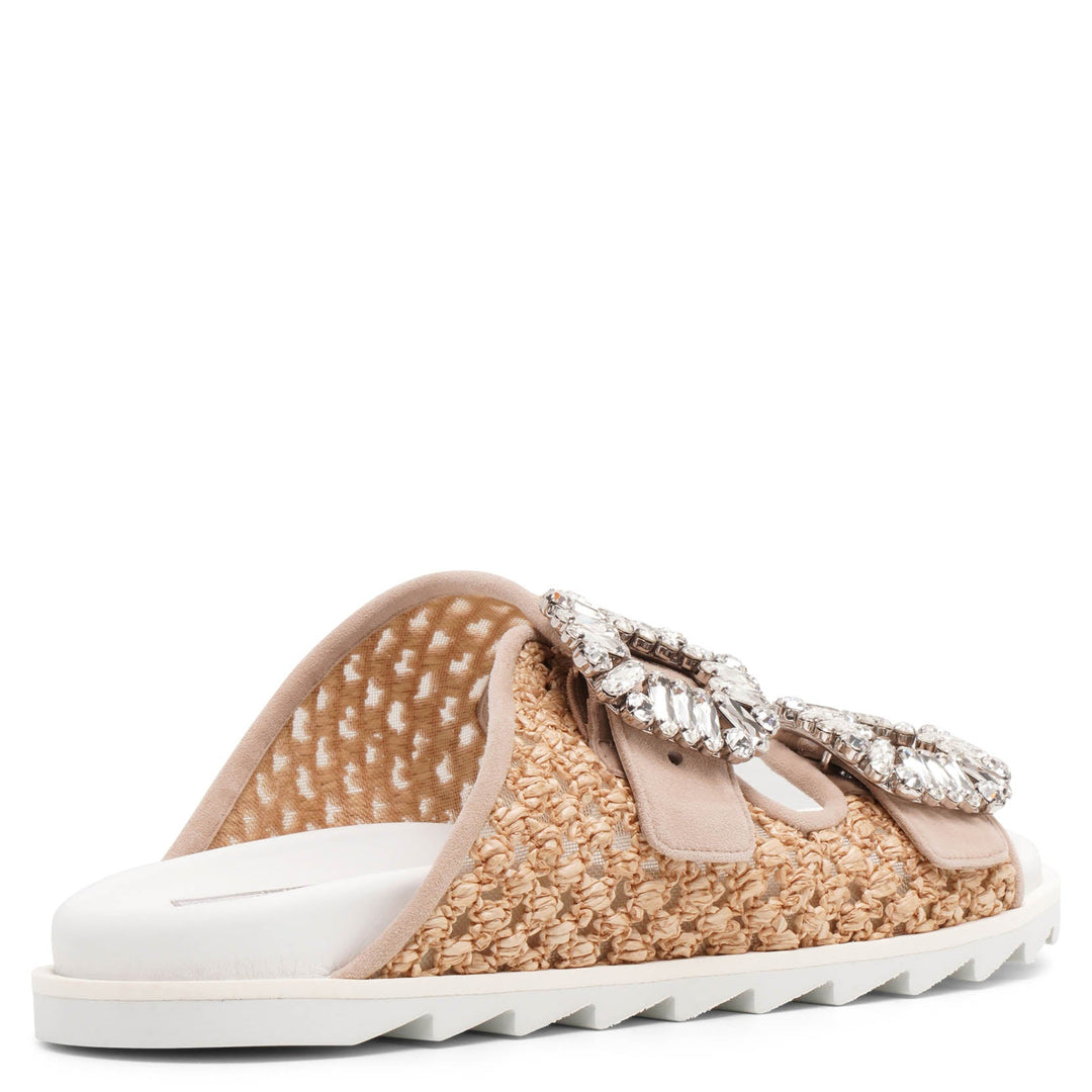 【関税&送料込】Roger Vivier Slides Slidy Viv In Rafia Con F Slidy Viv' embellished raffia sandals in neutrals - Roger