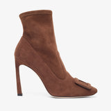 Brown suede high-heeled ankle boot on a white background