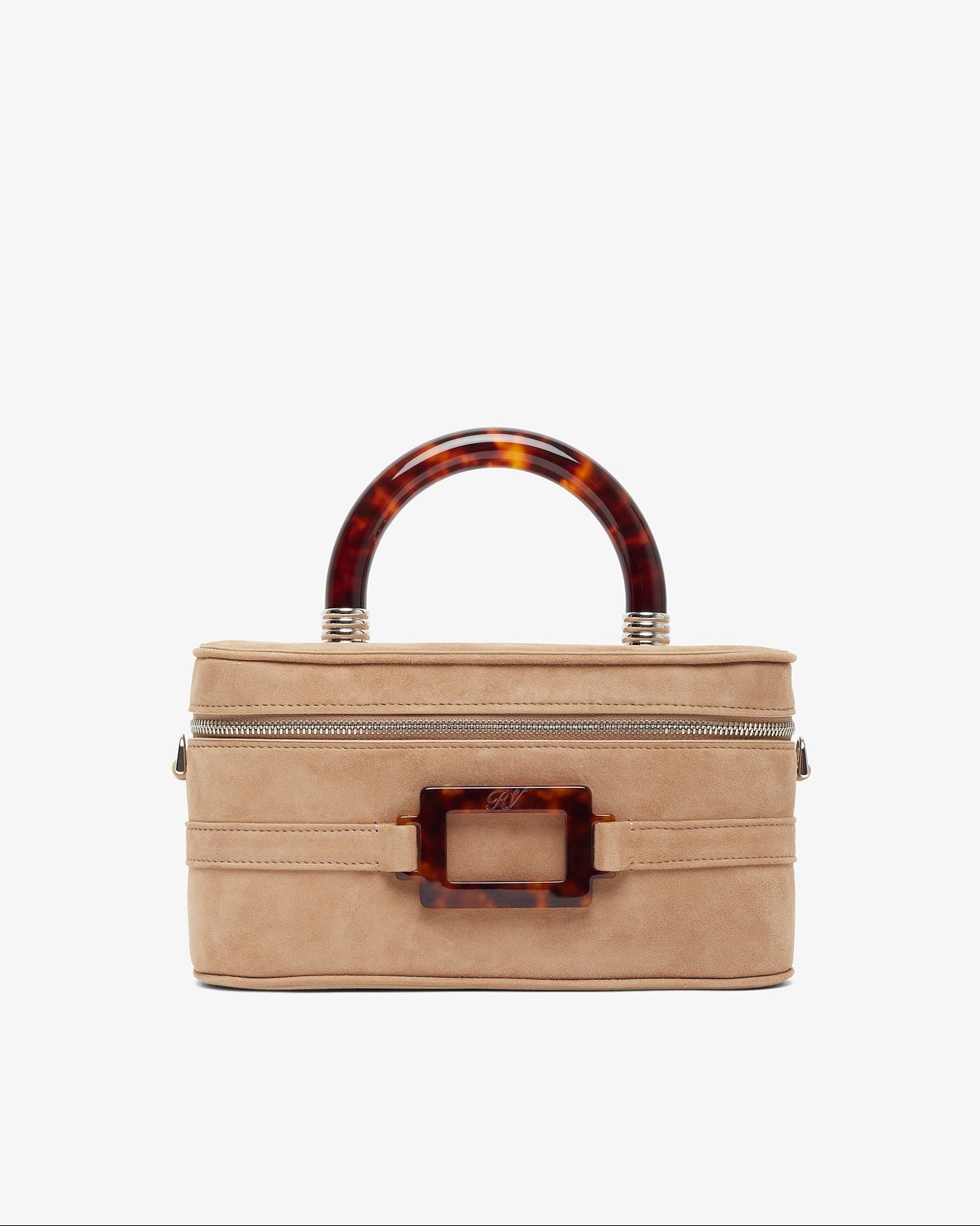 Beige handbag with tortoiseshell accents on a white background