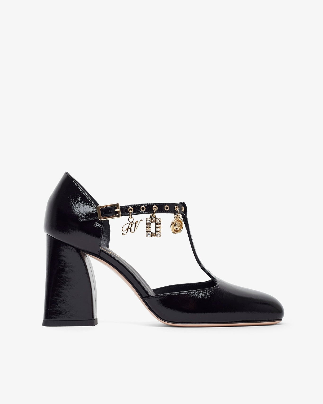 Black patent leather shoe with gold accents on a white background