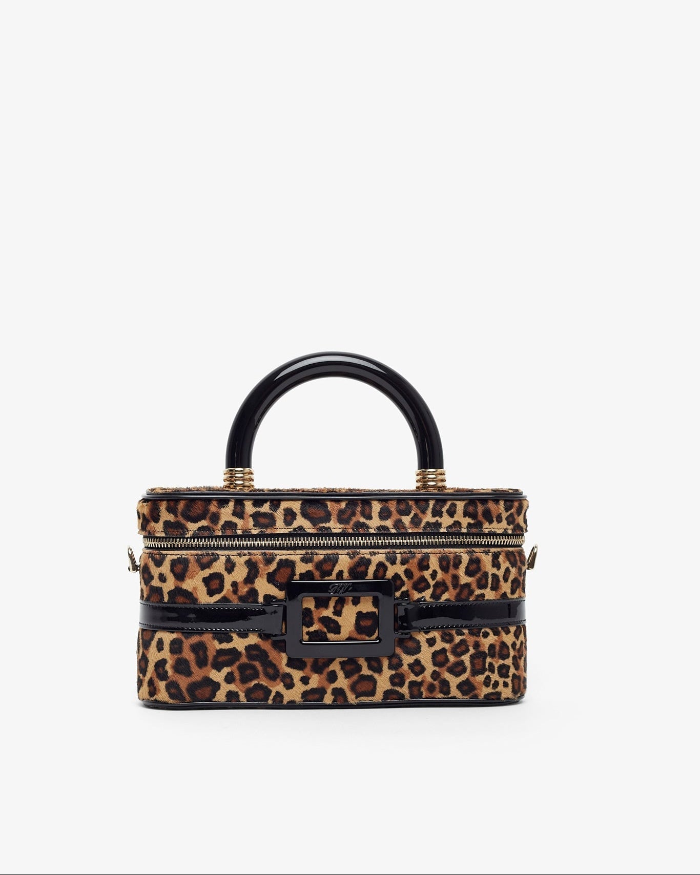 Leopard print handbag with black handle and hardware on a white background