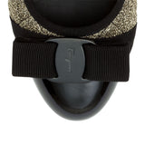 Vara quilted golden fabric black patent pumps