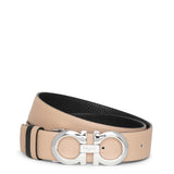 Grained leather silver buckle reversible belt