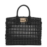 The Studio black leather and rafia tote bag