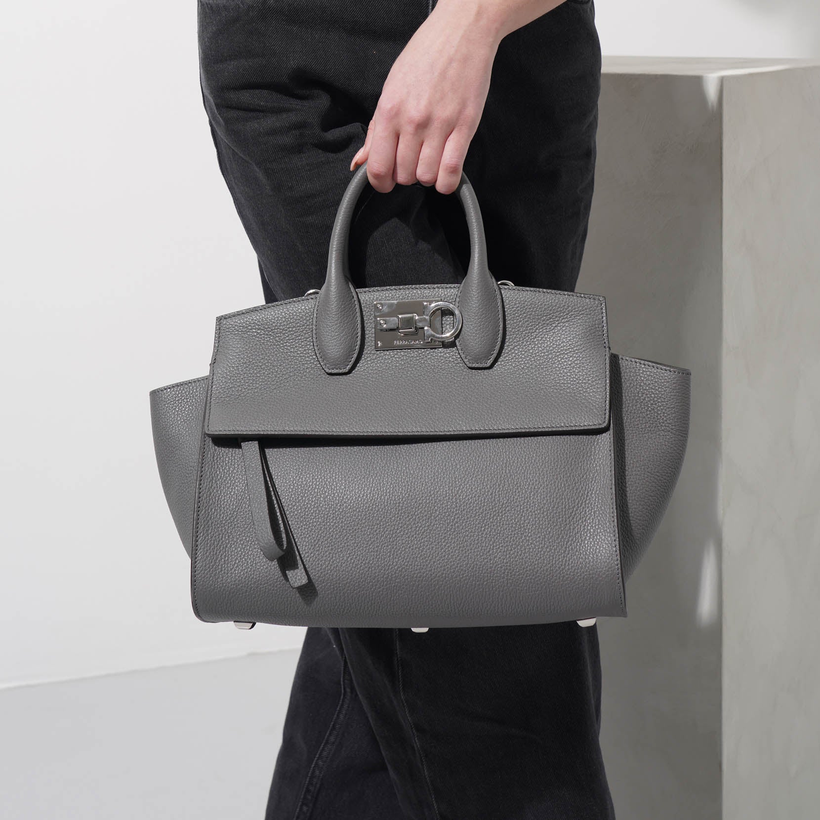 Ferragamo | The Studio soft small grey tote bag | Savannahs