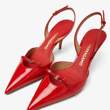 Mini bow red patent sling-back pumps