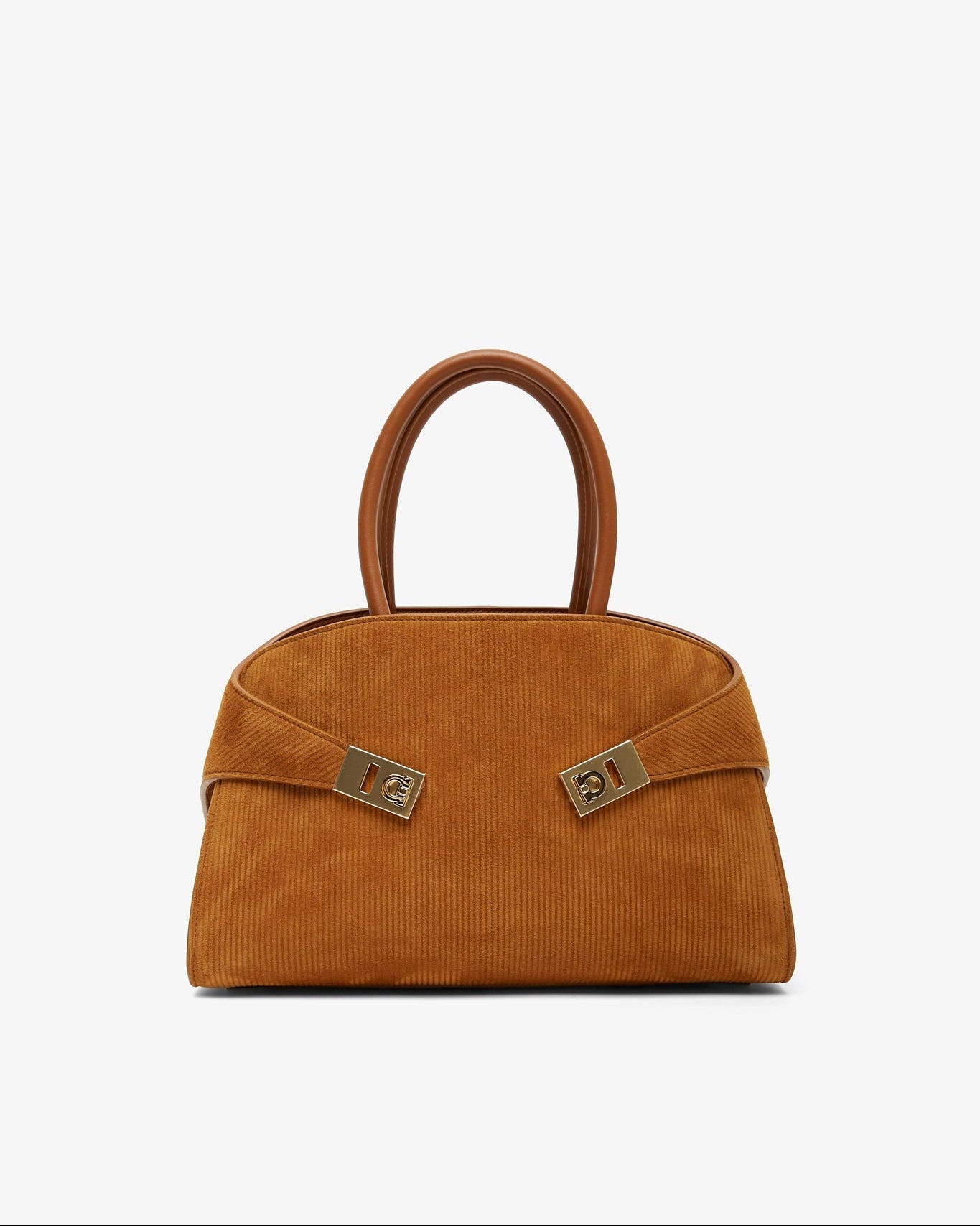 Brown handbag with gold accents on a white background