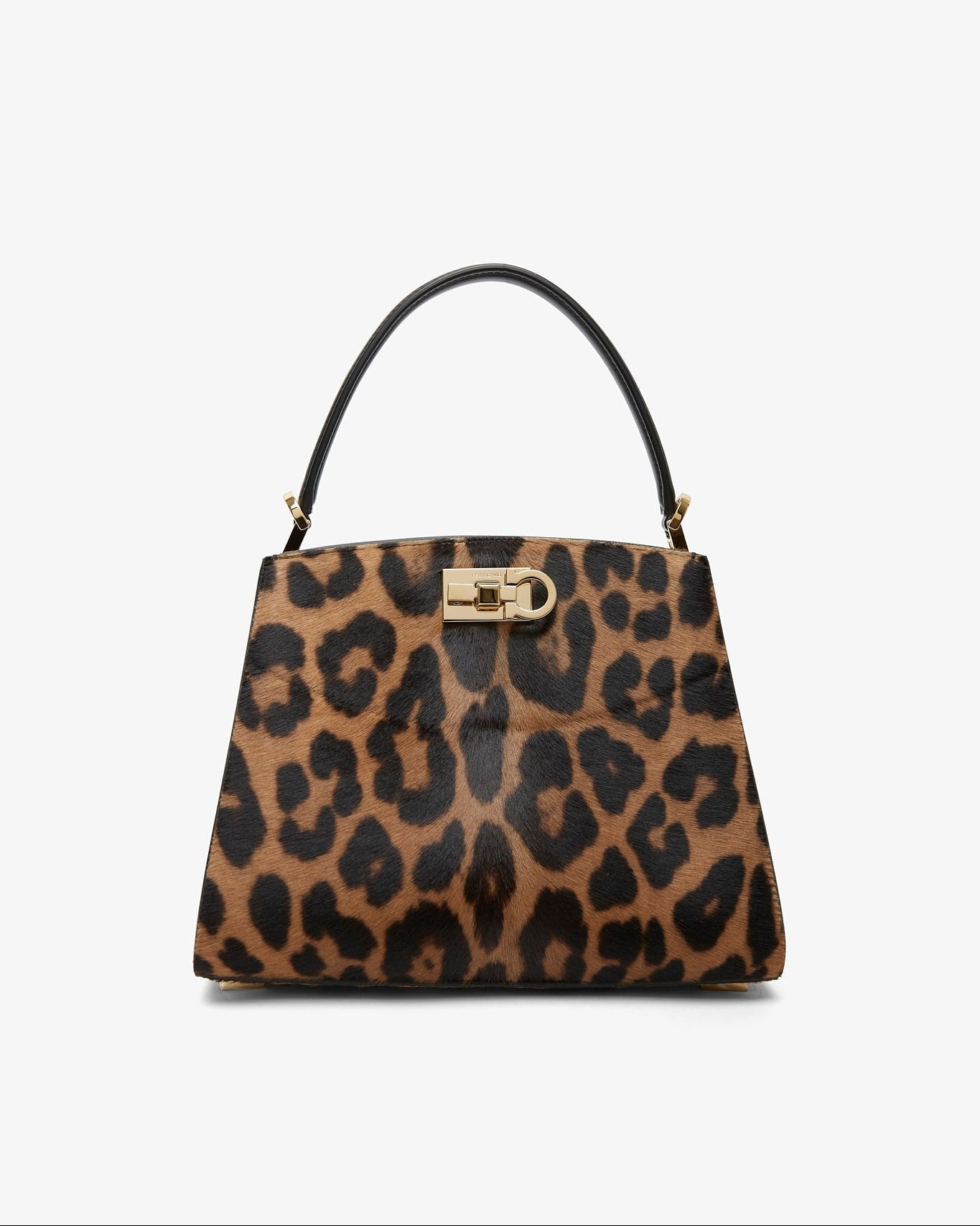 Leopard print handbag with a black handle on a white background
