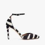 Black and white striped high-heeled shoe on a white background