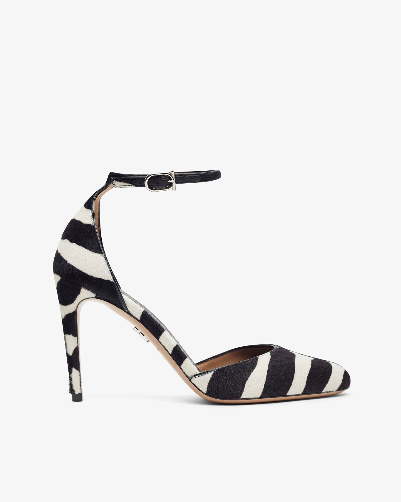 Black and white striped high-heeled shoe on a white background