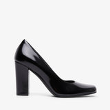 Black high-heeled shoe on a white background