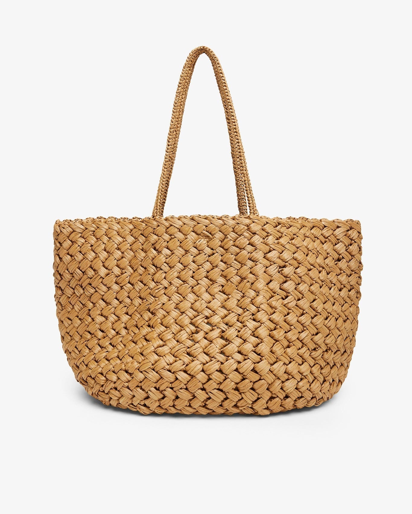Woven straw tote bag on a white background