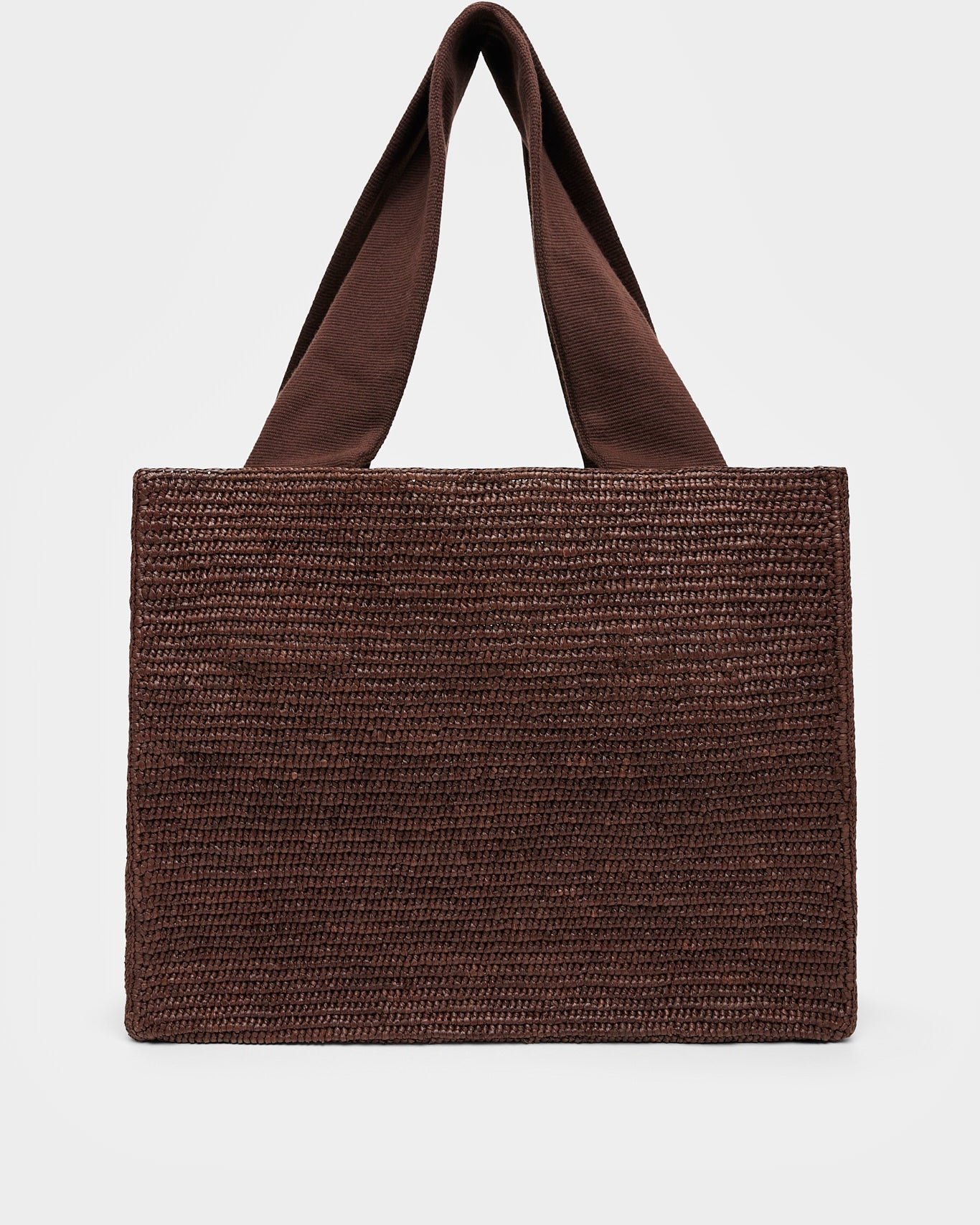 Brown woven tote bag on a light gray background