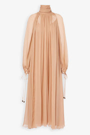 Mock-neck gathered long dress in silk georgette