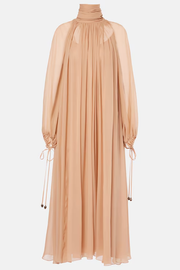 Mock-neck gathered long dress in silk georgette