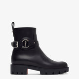 Black rain boot with a buckle on a white background