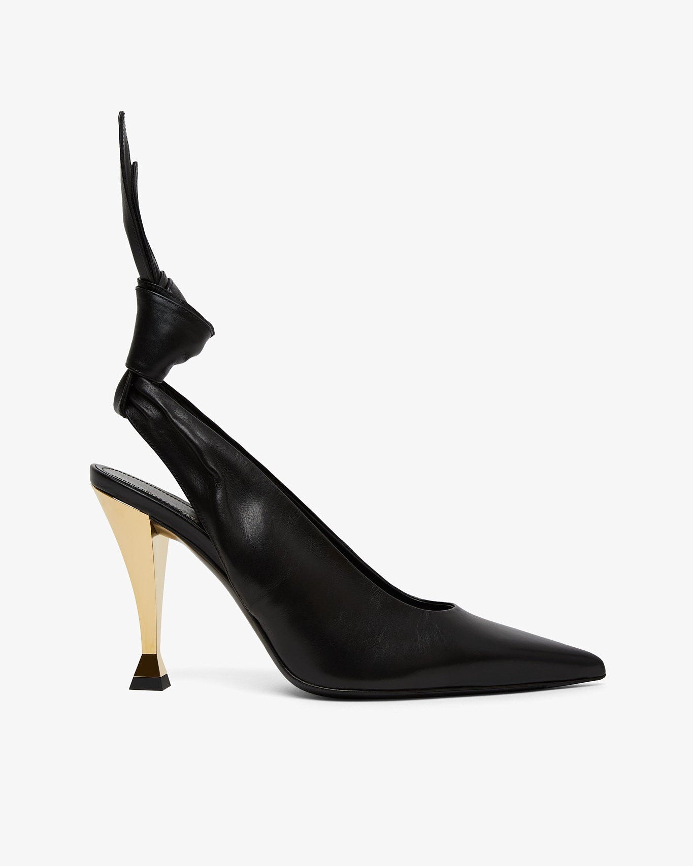 Black high-heeled shoe with a unique heel design on a white background