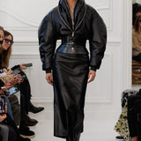 Zipped black leather bomber jacket