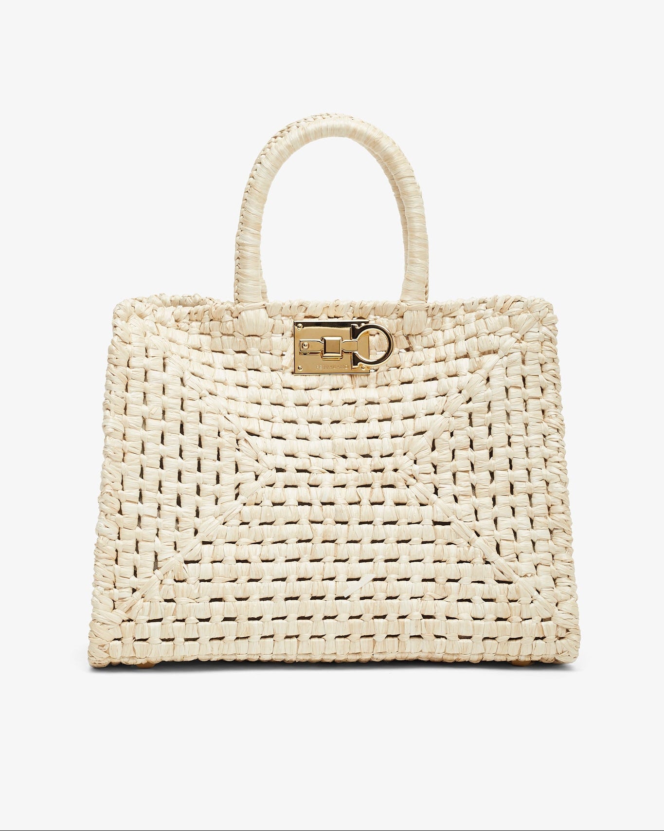 Woven handbag with a gold clasp on a white background