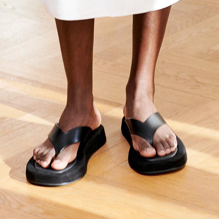 The Row | Ginza leather and suede platform flip flops | Savannahs