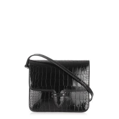 Patent black croc-embossed satchel