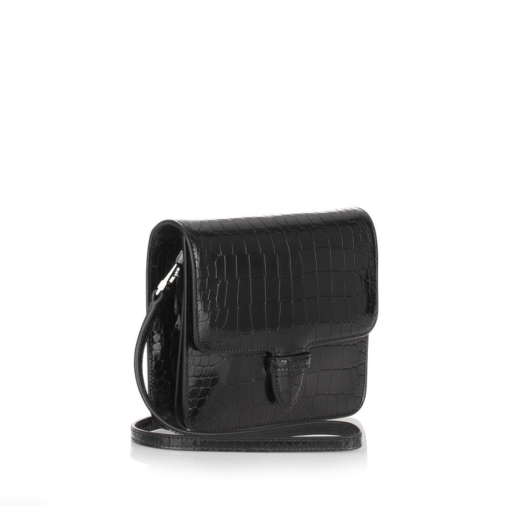Patent black croc-embossed satchel