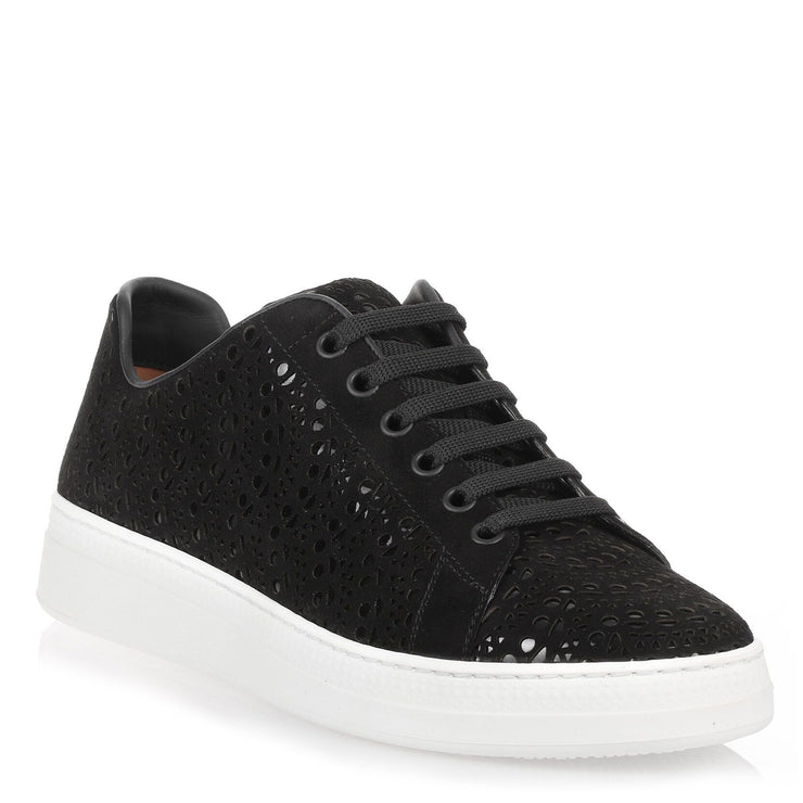 Black suede laser-cut sneaker