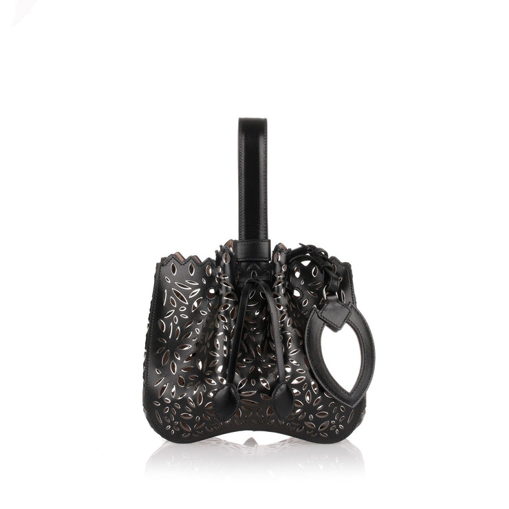 Black and metallic leather bucket bag